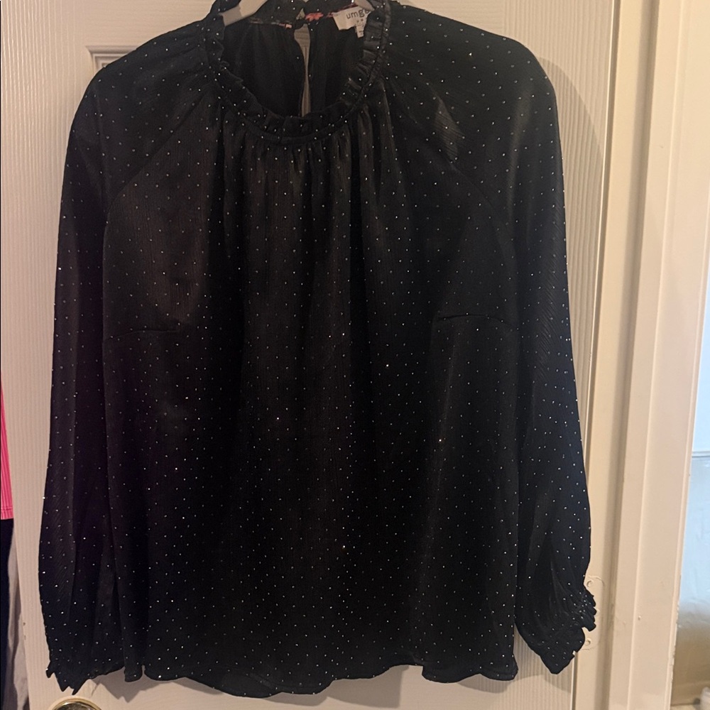 Umgee Black Sheer Dot Blouse with Ruffle Neckline